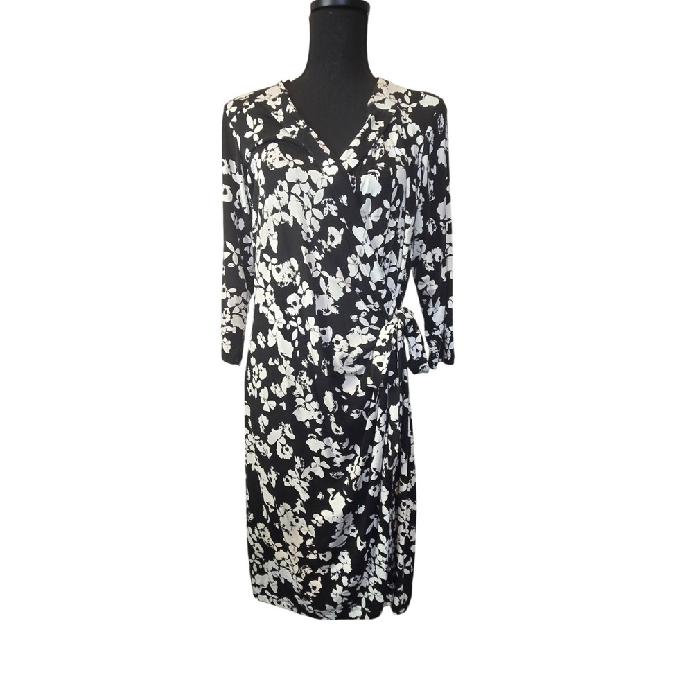 Cynthia Rowley Wrap Dress Woman 1X Black White Floral Faux Wrap V-Neck Stretch
